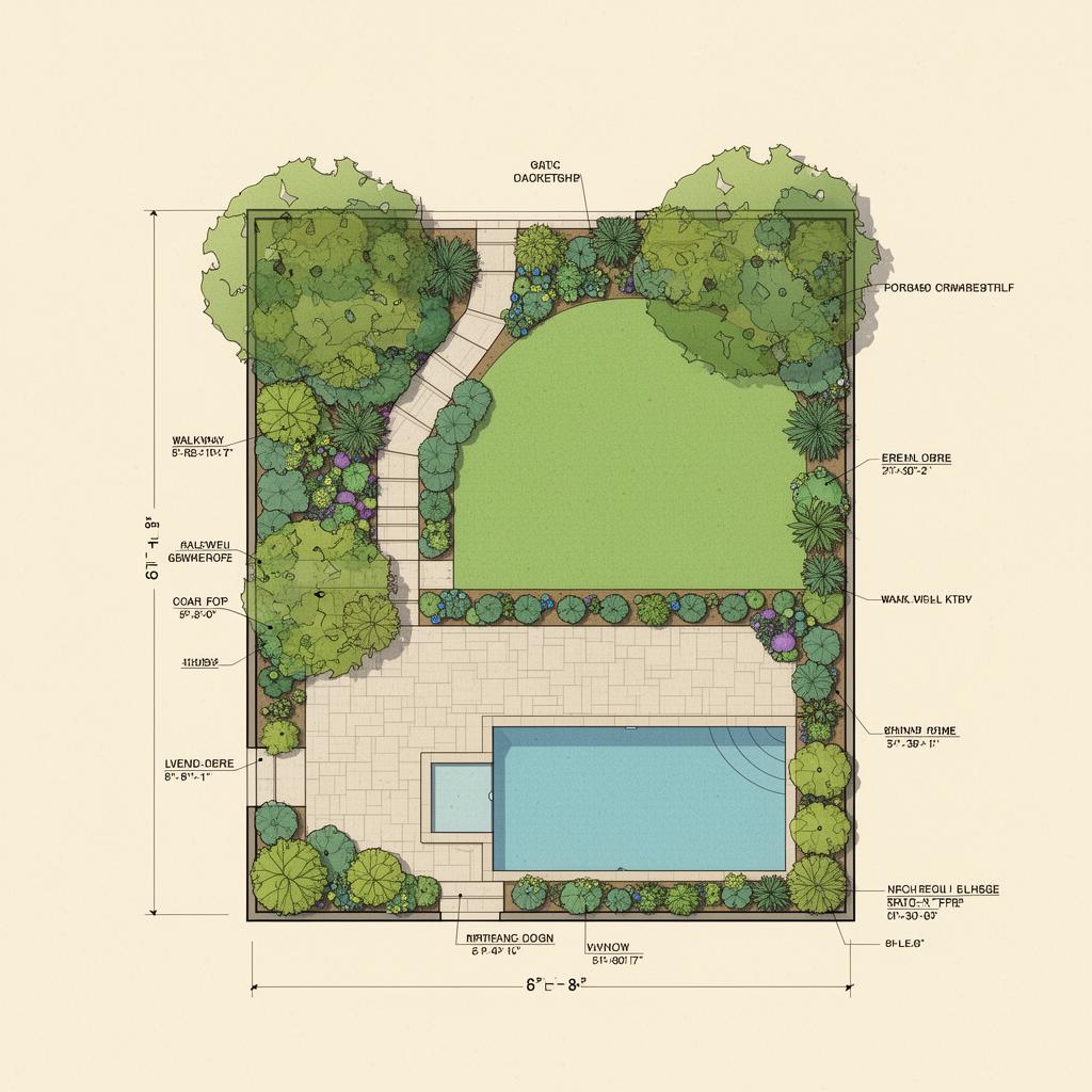 Example of a 2D landscape design plan with patio, pool, plantings, and dimensions