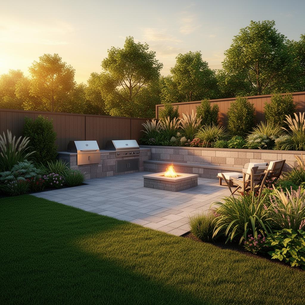Photorealistic 3D rendering of the same backyard with patio, fire pit, and plantings
